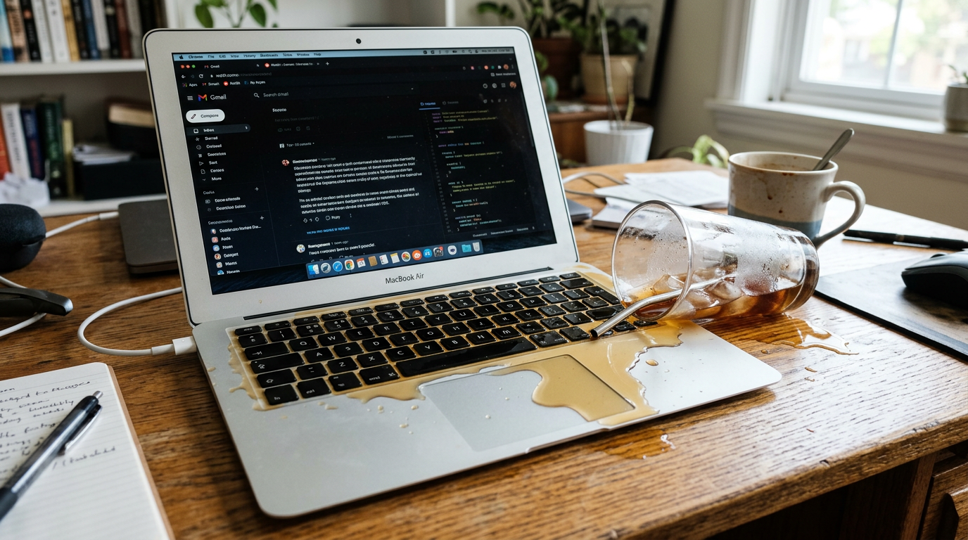 MacBook Air laptop with spilled iced coffee on keyboard and trackpad